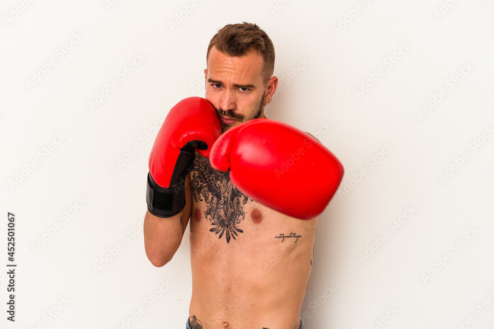 Young caucasian boxer man with tattoos isolated on white background Young caucasian boxer man with tattoos isolated on white background