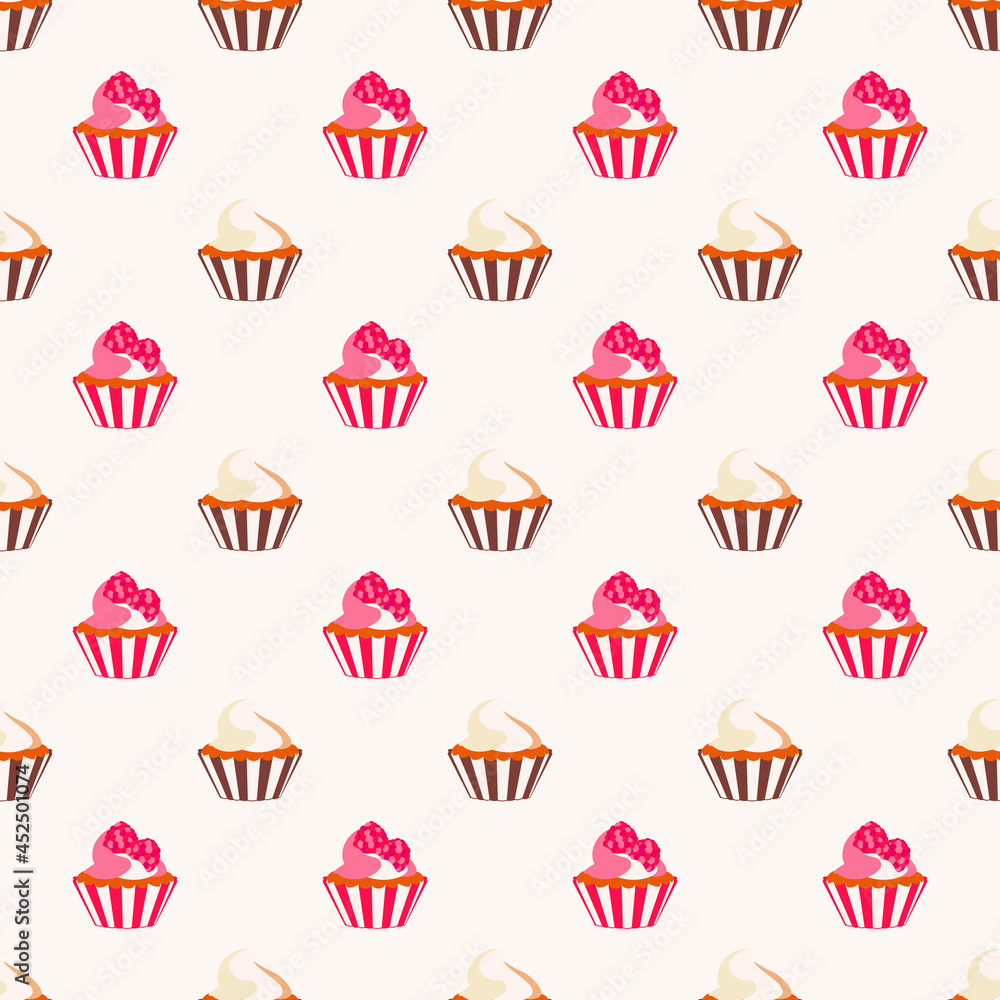 Fototapeta premium Sweet cupcake seamless pattern muffins with raspberry and cream topping