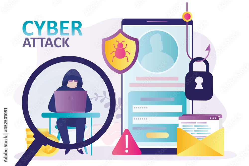 Hacker in hood under magnifying glass. Cybercriminal injects malware and steals personal data Hacker in hood under magnifying glass. Cybercriminal injects malware and steals personal data
