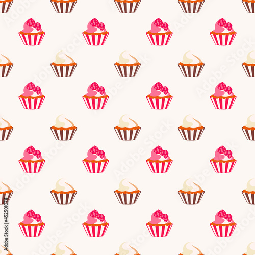 Sweet cupcake seamless pattern muffins with raspberry and cream topping
