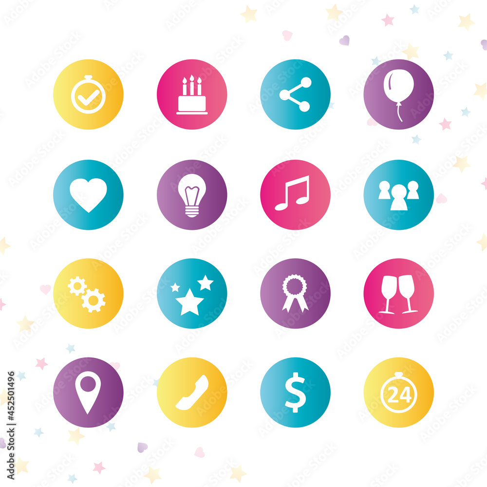 Simple set of icons on theme of holidays. Collection of colorful icons for parties or events Simple set of icons on theme of holidays. Collection of colorful icons for parties or events
