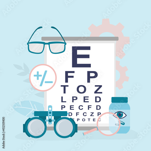 Ophthalmological tools for vision testing. Examination by optician. Vision correction and healthcare, concept banner. Snellen Eye Chart and medical equipment.