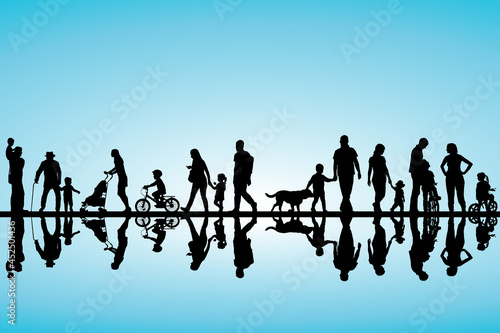 Silhouettes of families with kids outdoor