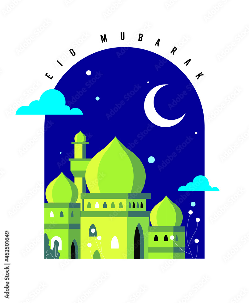 Eid Mubarak with mosque, moon colorful composition