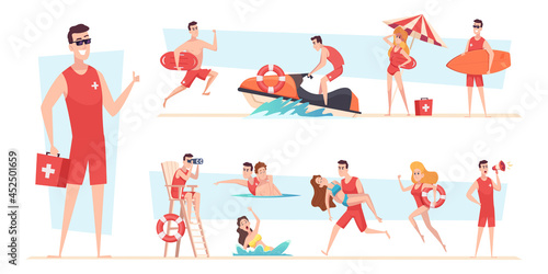 Beach lifeguards. Kids spend good safety time on the summer beach sea or ocean recreation works exact vector lifeguard characters