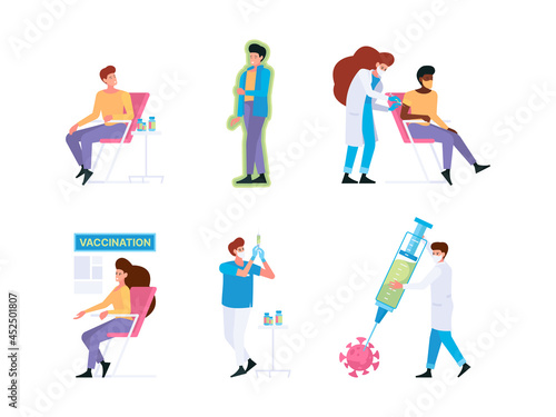 Covid vaccination. Nurse and doctors health prevention making vaccine in hospital room garish vector illustration characters