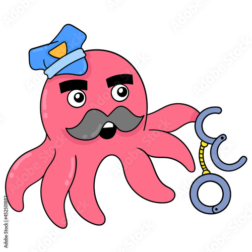 red octopus becomes cop carrying handcuffs ready to catch handcuffs, doodle icon image kawaii