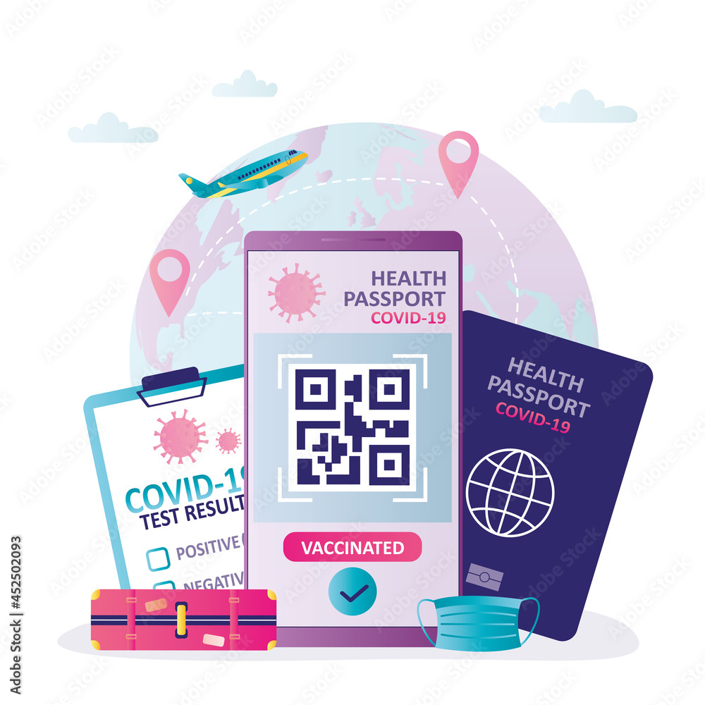 Health passport for traveling. New norms during covid-19 pandemic. Vaccination certificate with qr code on phone screen Health passport for traveling. New norms during covid-19 pandemic. Vaccination certificate with qr code on phone screen