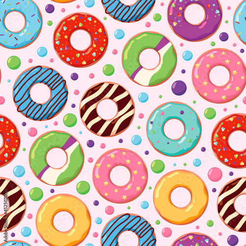 Donuts pattern. Food rings colorful sugared chocolate round donuts garish vector illustrations of seamless background