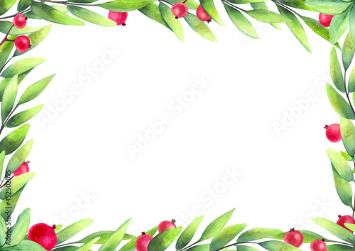 Fototapeta Naklejka Na Ścianę i Meble -  Rectangular frame made of hand drawn red ripe pomegranate with green leaves and branches for invitation card, postcard, greeting card. Botanical watercolor illustration isolated on white background.