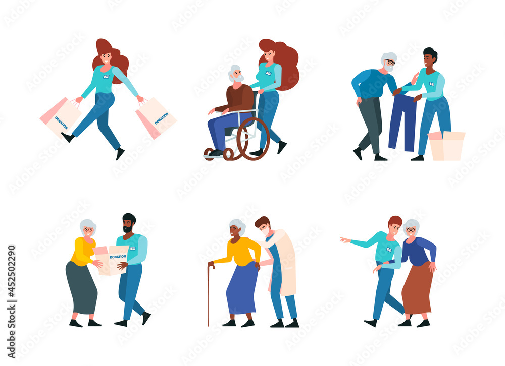 Social workers. Support service for poor people nurse helping to elderly in wheelchairs garish vector people illustrations in flat style
