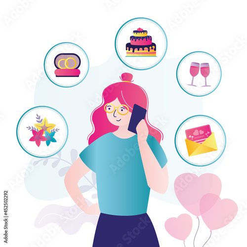 Organizer speaks with client on phone. Girl discusses wedding ceremony and decor. Event manager provides various services. Wedding agency. Organization of celebrations.