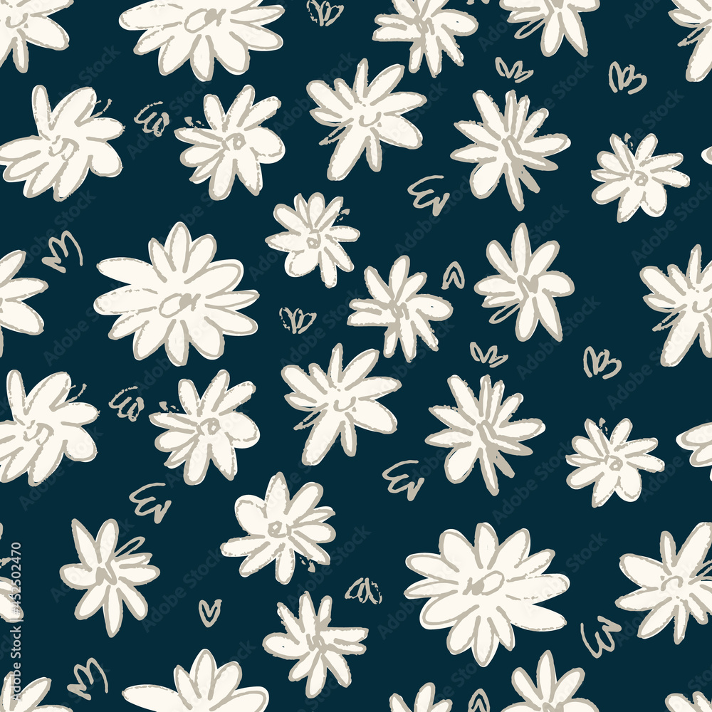 Seamless pattern with hand drawn meadow flowers in Ditzy style. Vector illustrations on dark background for surface design and other design projects Seamless pattern with hand drawn meadow flowers in Ditzy style. Vector illustrations on dark background for surface design and other design projects