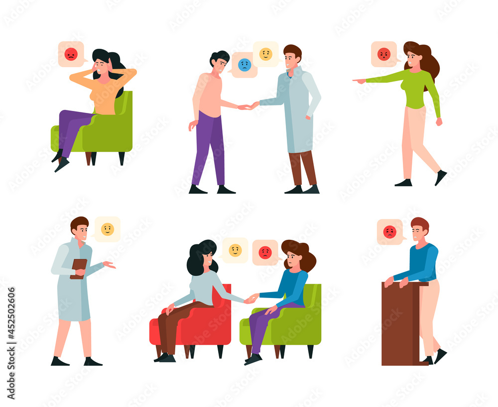 Therapy. Patients talking with doctor adult psychologist therapy consultation garish vector flat characters