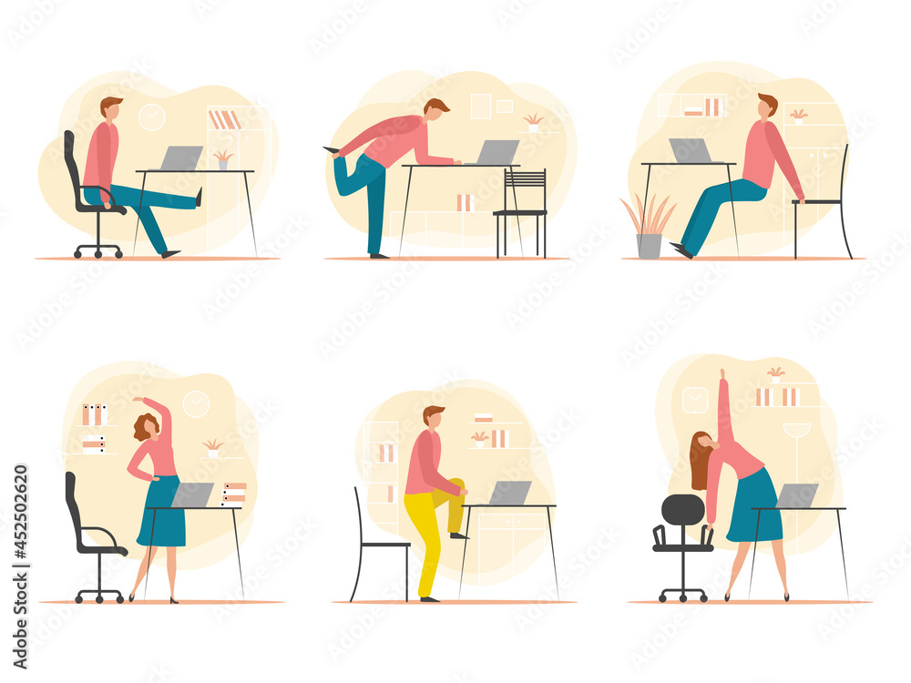Office syndrome. Managers health problem with eyes neck and back worker stress headache recent vector characters