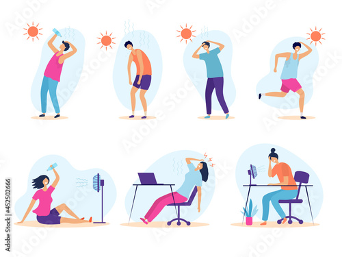 Hot weather. People summer problems tired sunny persons outdoor warm healthcare exhaustion recent vector flat illustrations