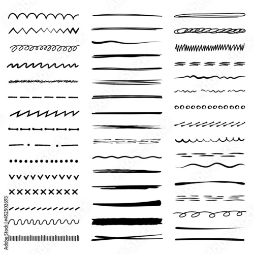 Pencil hand drawn lines. Sketch scribbles collection dividers chalk lines dots recent vector doodle set isolated