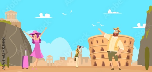 Ancient Rome landscape. Italian architecture, landmarks, coliseum and palace vector background