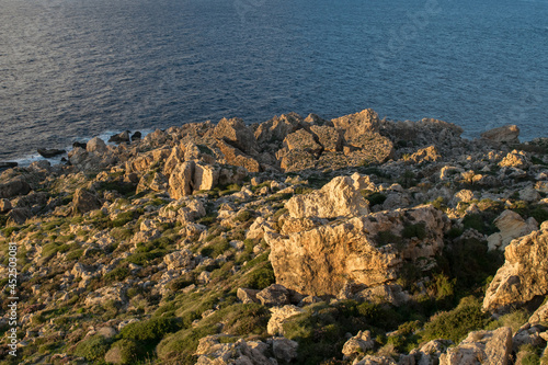 A scree of limestone boulders at the foot of a sloping cliff along the northern coast of Malta photo