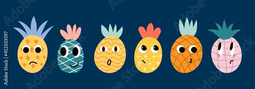 Doodle pineapple. Cute pineapples faces, emotional fruits avatars. Colorful abstract fresh products characters vector set