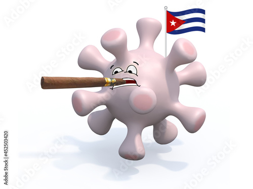 coronavirus cartoon with face, cigar on mouth and cuban flag photo