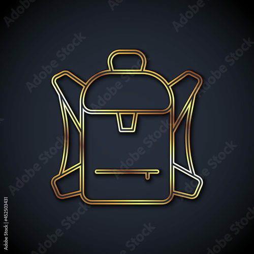 Gold line Hiking backpack icon isolated on black background. Camping and mountain exploring backpack. Vector