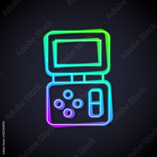 Glowing neon line Portable tetris electronic game icon isolated on black background. Vintage style pocket brick game. Interactive playing device. Vector
