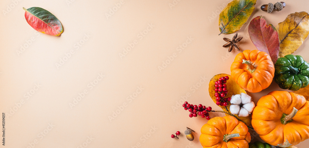 Fototapeta premium Autumn background decor from dry leaves and pumpkin on pastel paper background. Flat lay, top view with copy space for Autumn, fall, Thanksgiving concept.