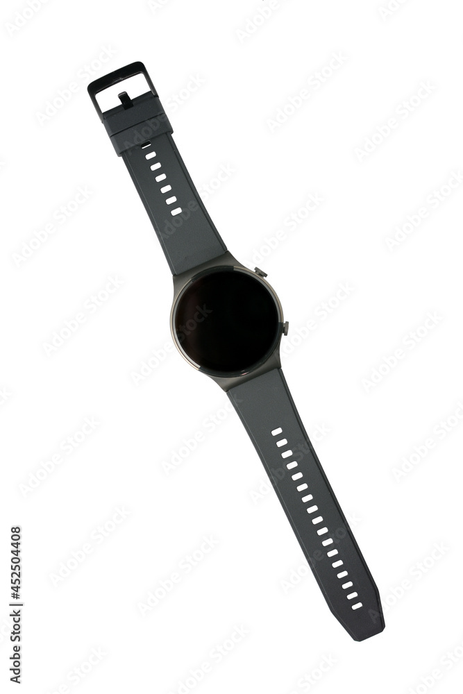 smart watch with a strap, isolated on a white background. Close-up, top view