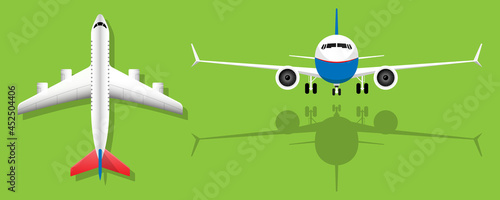 Airplanes on green background airliner front view and top view illustration vector