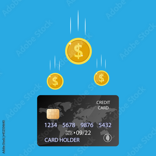 Cash back money bonus or reward income on credit bank debit card flat cartoon isolated modern design, refund return idea image