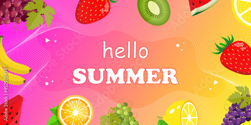 Hello Summer web banner. Top view on summer composition with realistic tropical fruit Vector illustration