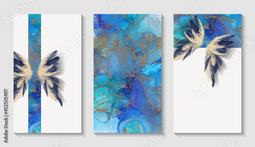 Modern creative design, background marble texture, butterfly. Alcohol ink. Vector illustration.