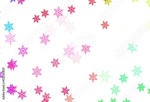 Light Pink, Green vector background with beautiful snowflakes, stars.