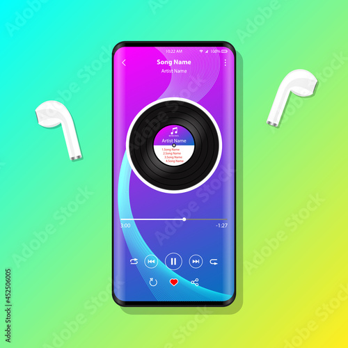 Music player interface on mobile phone earphones illustration vector