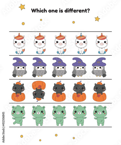 Which one is different. Halloween worksheet for preschool children. Cute kawaii animals in costumes. Printable game. Vector illustration.