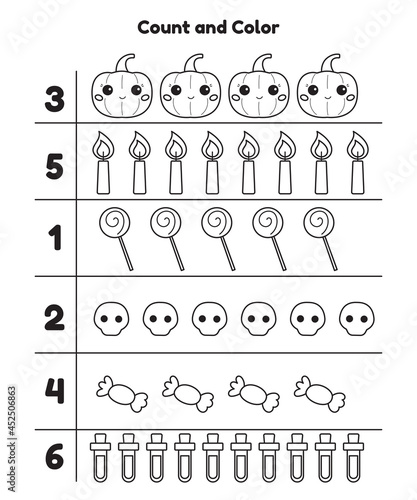 Halloween printable activity page for preschool children. Count and color. Hand drawn pumpkins, sweets, potions and skulls. Vector illustration.