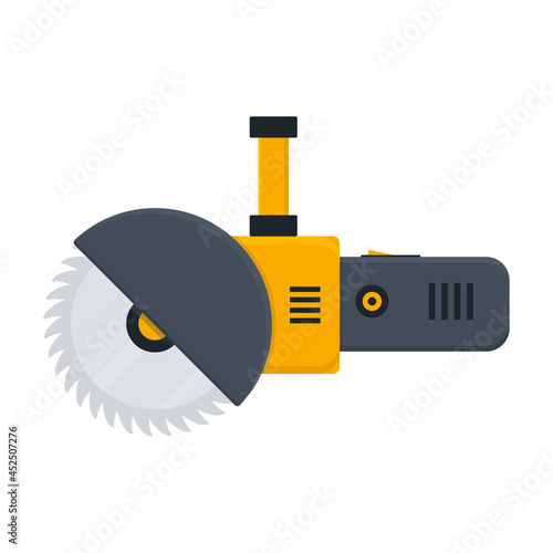 Electric circular saw icon. Bulgarian built black and orange work tool. Simple angle grinder with disk. Repair pictogram. Vector isolated on white.	