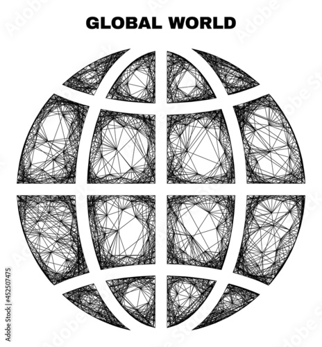 carcass irregular mesh planet globe. Abstract lines are combined into planet globe. Linear frame flat net in vector format. Vector carcass is created for planet globe using intersected random lines.