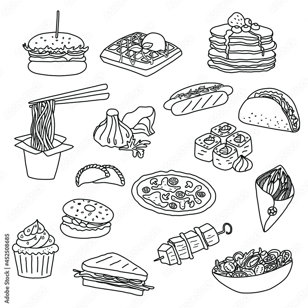 Set of street food hand drawn vector illustration. Collection of meal line drawings. Different cuisines dishes. Designs for menu, web, advertising, packaging, poster, print. Set of street food hand drawn vector illustration. Collection of meal line drawings. Different cuisines dishes. Designs for menu, web, advertising, packaging, poster, print.