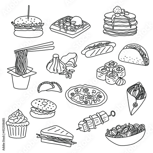 Set of street food hand drawn vector illustration. Collection of meal line drawings. Different cuisines dishes. Designs for menu, web, advertising, packaging, poster, print.