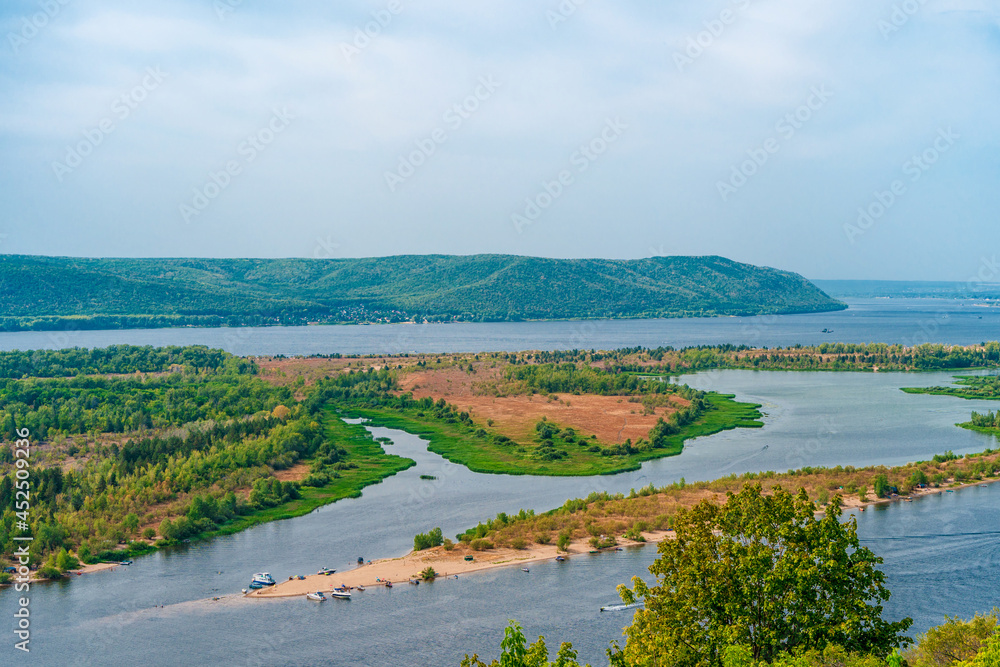 Amazing panorama of the Volga River and the islands on a summer day. Beautiful landscape in Russia