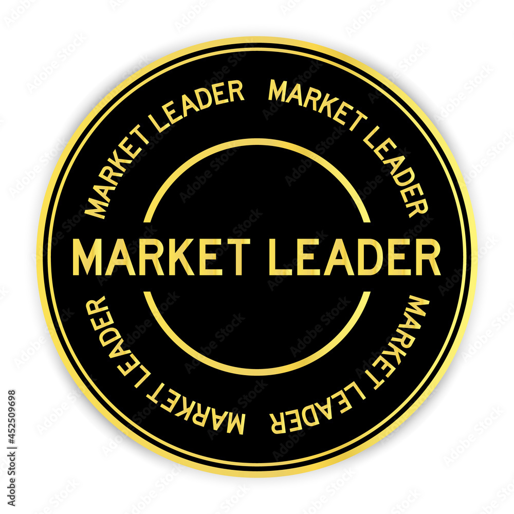 Black and gold color round label sticker with word market leader on white background
