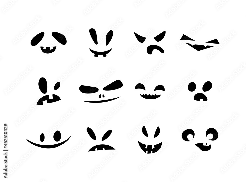 Set of Halloween scary pumpkins cut in various shapes, black collection of eyes and mouths, funny illustration isolated on white background. Vector