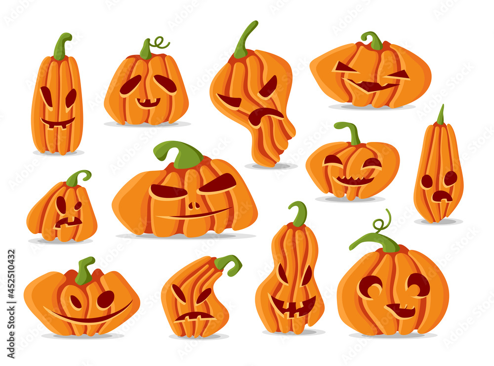 Set of Halloween Pumpkin faces in various shapes, colorful collection cartoon Jack o Lantern characters, funny illustration isolated on white background. Vector Set of Halloween Pumpkin faces in various shapes, colorful collection cartoon Jack o Lantern characters, funny illustration isolated on white background. Vector