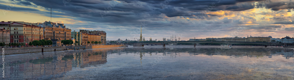 Large-format panorama of the Liteyny Bridge and the Peter and Paul Fortress in St. Petersburg