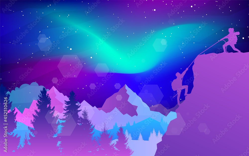 Northern Lights, Aurora in the Arctic, Night boreal. Travel concept of discovering, exploring, observing nature. Hiking tourism. Adventure. Minimalist graphic flyers. Polygonal flat illustration