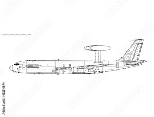 Boeing E-3A Sentry. Vector drawing of airborne early warning and control aircraft. Side view. Image for illustration and infographics.