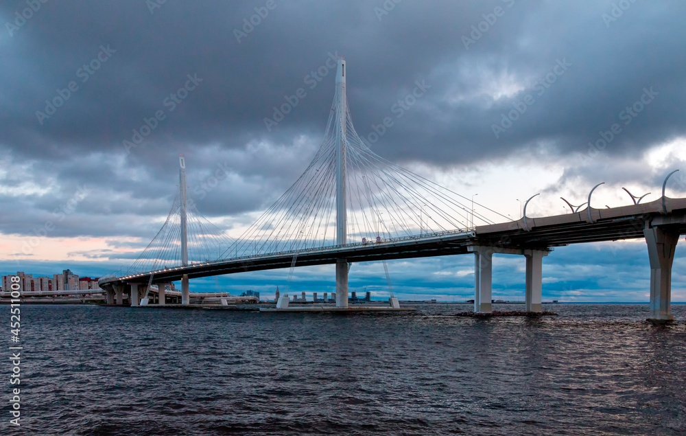 View of the cable bridge through the western high-speed diameter. Saint Petersburg, Russia