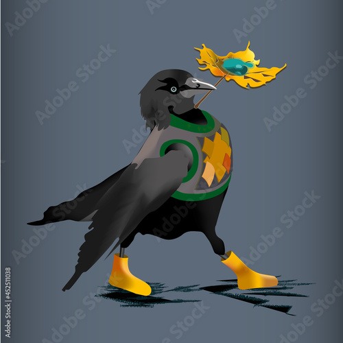 crow with an autumn leaf in a vest and boots photo